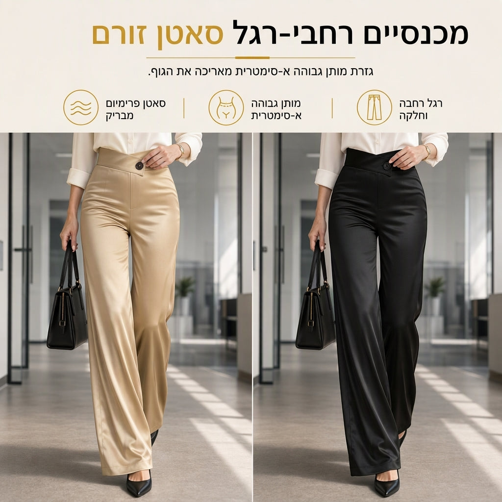 ✨ מותן אסימטרי, פידור אלגנטי | מכנסיים רחבים מסאטן לנשים