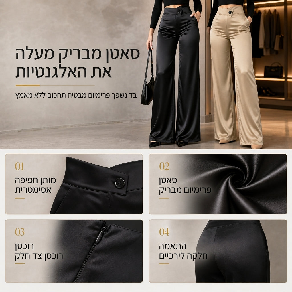 ✨ מותן אסימטרי, פידור אלגנטי | מכנסיים רחבים מסאטן לנשים