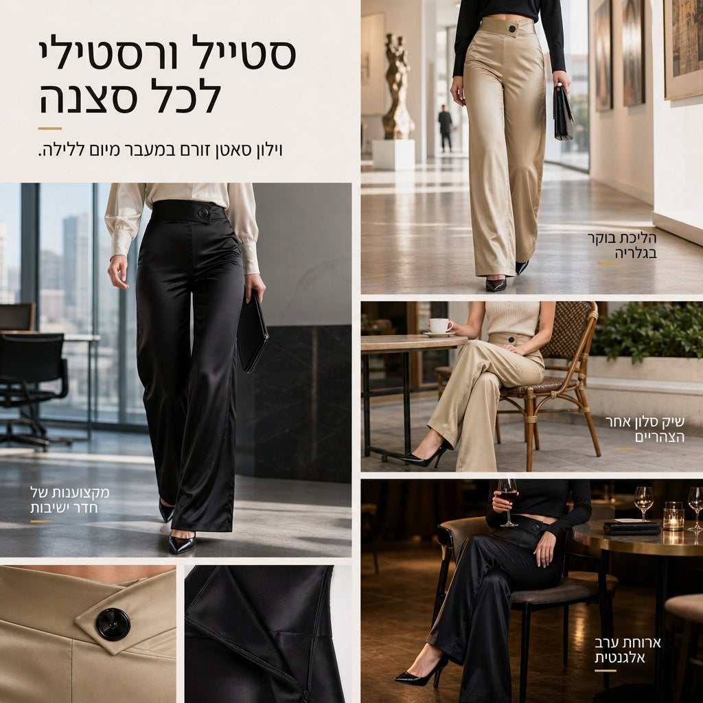 ✨ מותן אסימטרי, פידור אלגנטי | מכנסיים רחבים מסאטן לנשים