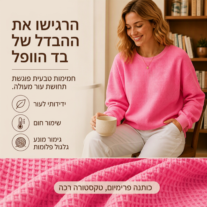 סווטשירט נשי רופף מבנה טריקו סריג וואפל