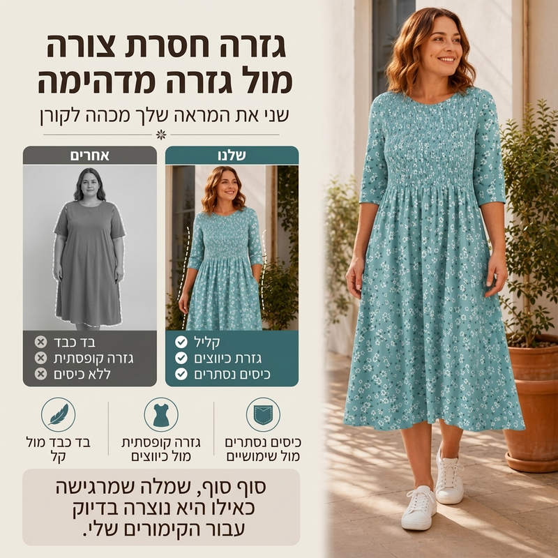 שמלת נשים עם הדפס פרחים ועיצוב מקומט