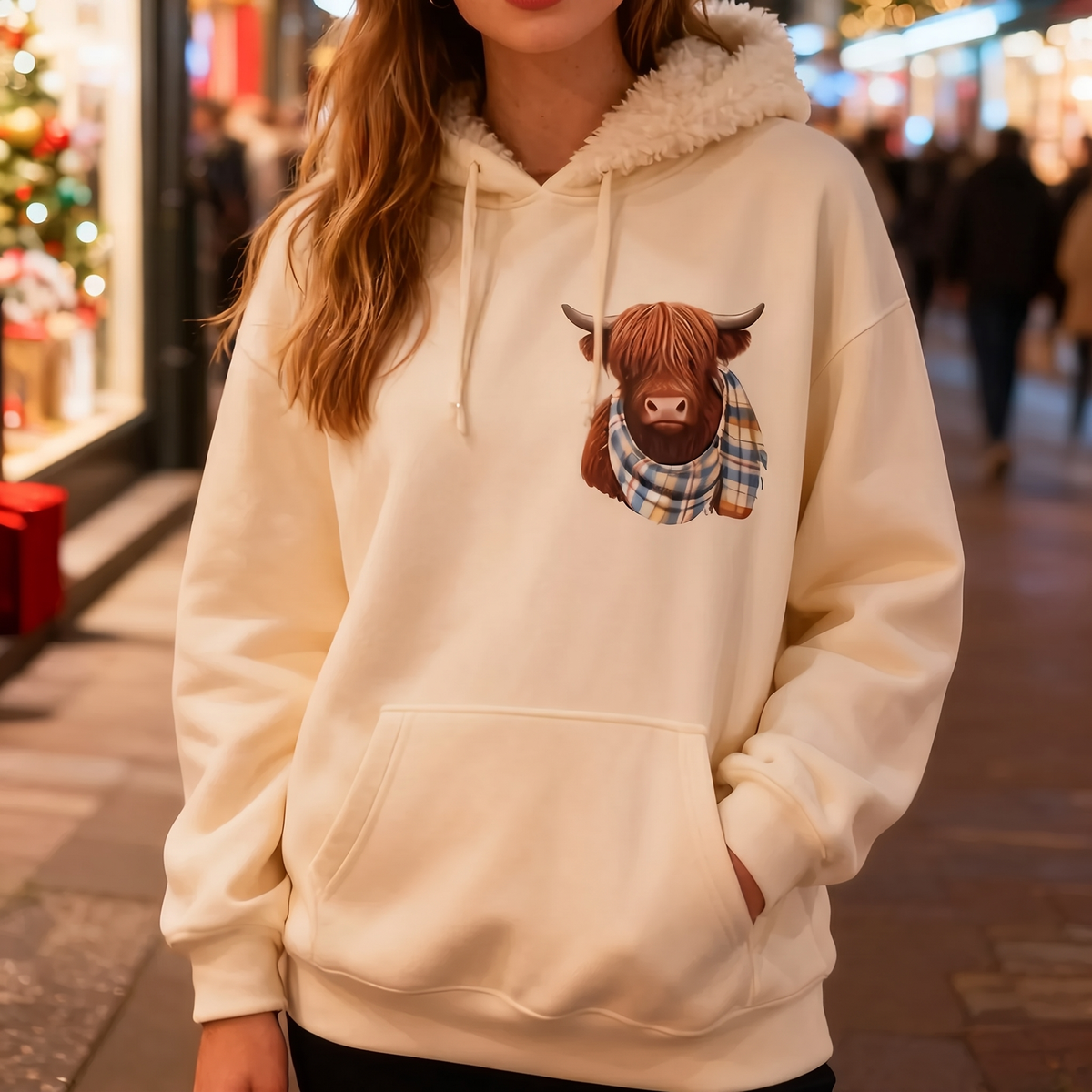 🎅מבצע חג המולד: 50% הנחה!!🎁🐄 סווטשירט קפוצ'ון חמוד ובטל פרווה עם הדפס פרה היילנד