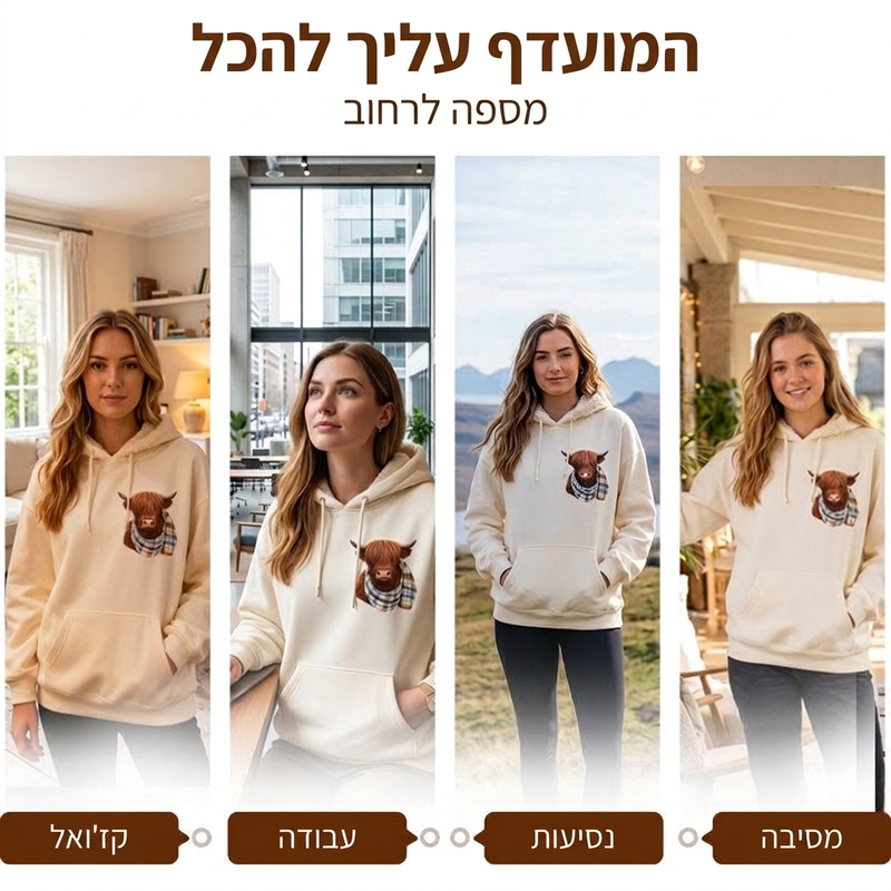 🎅מבצע חג המולד: 50% הנחה!!🎁🐄 סווטשירט קפוצ'ון חמוד ובטל פרווה עם הדפס פרה היילנד