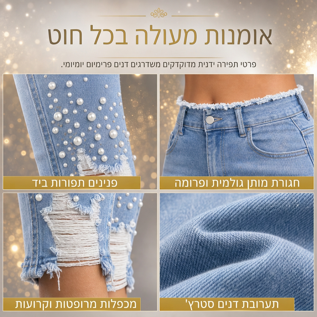 ג'ינס סקיני צמוד לנשים בצבע תכלת בהיר, מעוטר בפנינים, עם מותג גולמי מרופט וחלקי קרסול מרופטים וקרועים