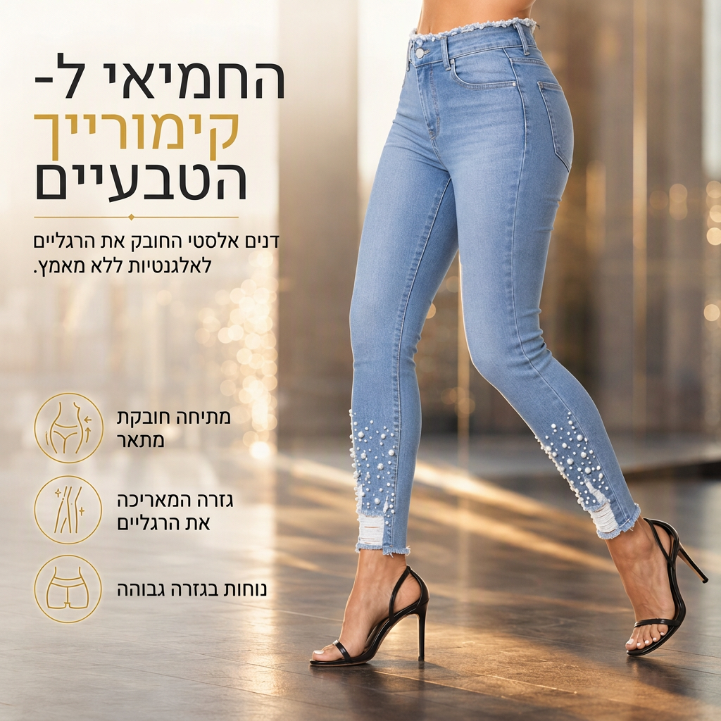 ג'ינס סקיני צמוד לנשים בצבע תכלת בהיר, מעוטר בפנינים, עם מותג גולמי מרופט וחלקי קרסול מרופטים וקרועים