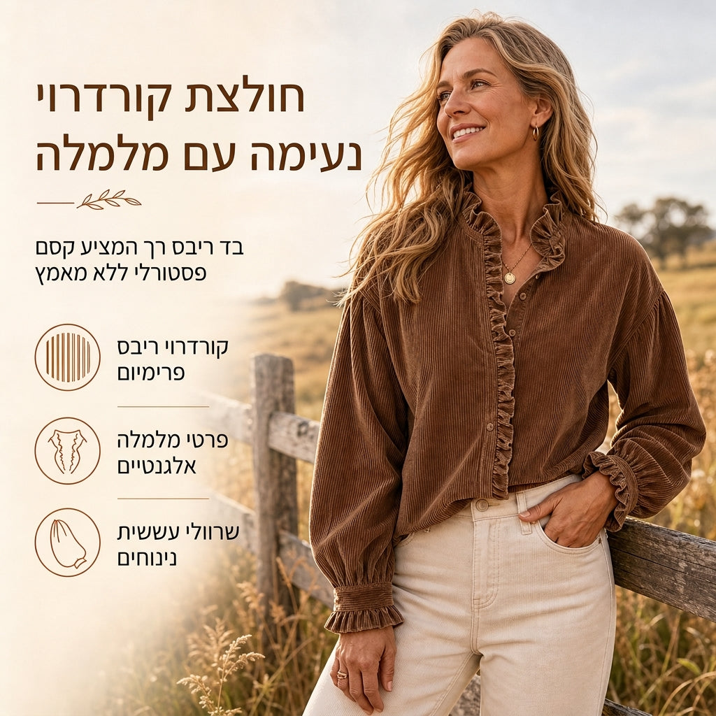 🌿 אלגנטיות מרוכסת, גזרה וינטג' נינוחה | חולצת קורדרוי לנשים