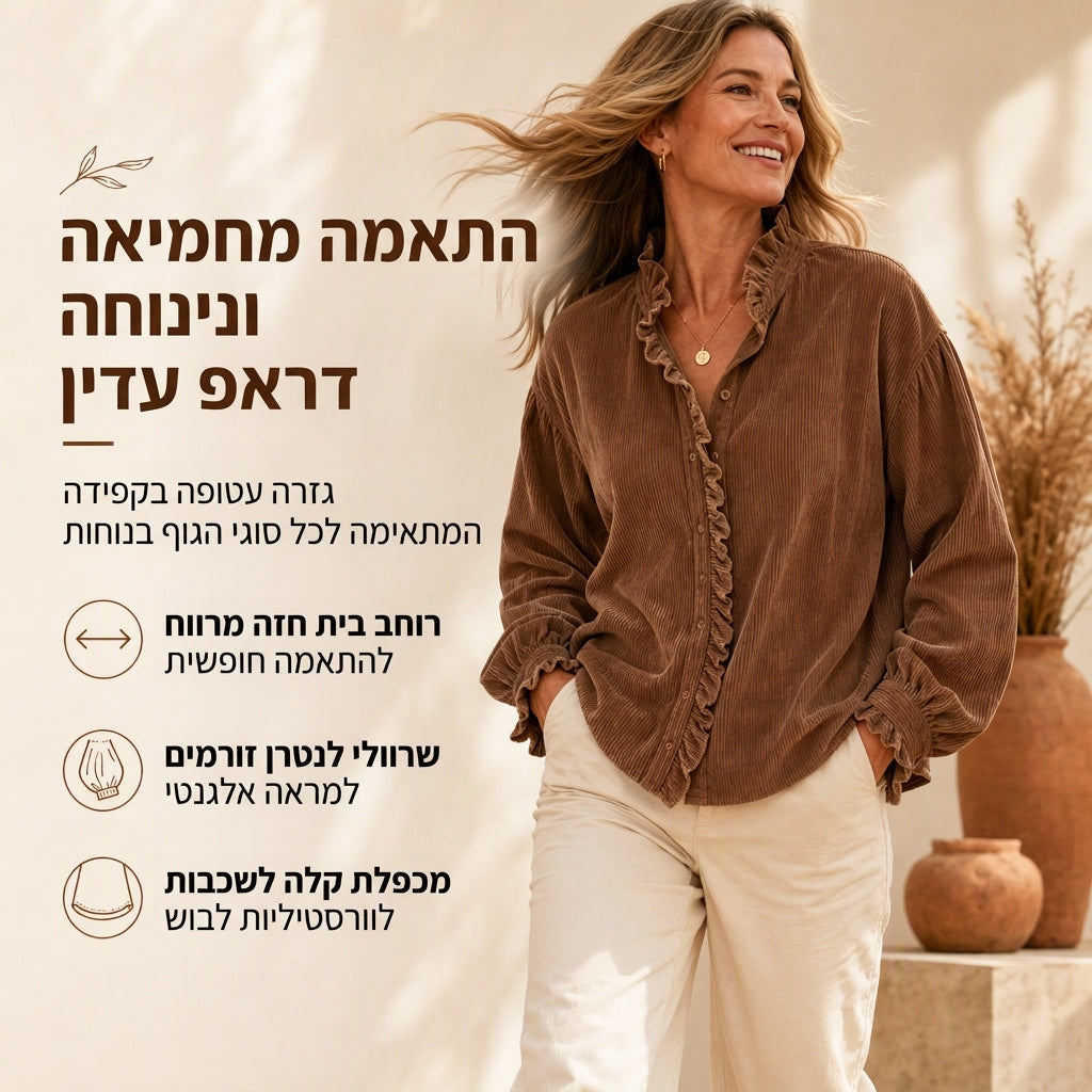 🌿 אלגנטיות מרוכסת, גזרה וינטג' נינוחה | חולצת קורדרוי לנשים