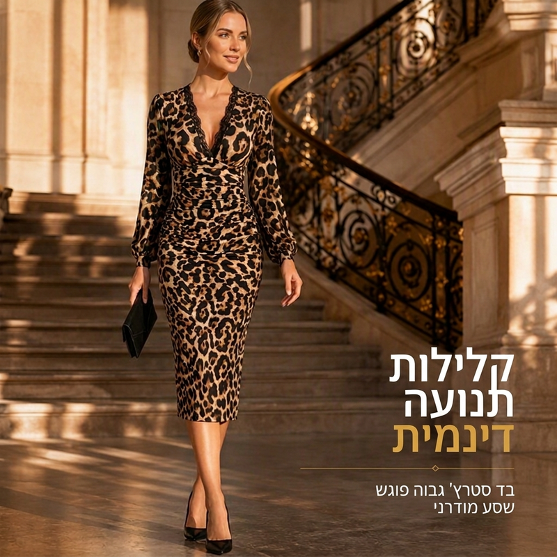 שמלת נשים בינונית עם שרוולים מעוצבים בצורת פעמון, צווארון V ותחרה להדפסת נמר