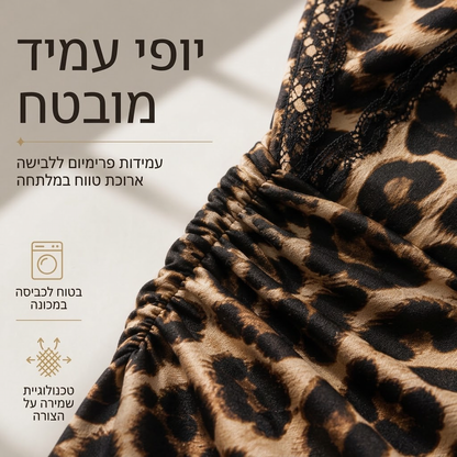 שמלת נשים בינונית עם שרוולים מעוצבים בצורת פעמון, צווארון V ותחרה להדפסת נמר