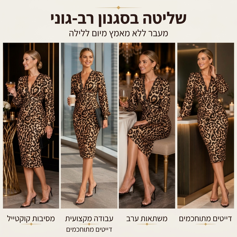 שמלת נשים בינונית עם שרוולים מעוצבים בצורת פעמון, צווארון V ותחרה להדפסת נמר