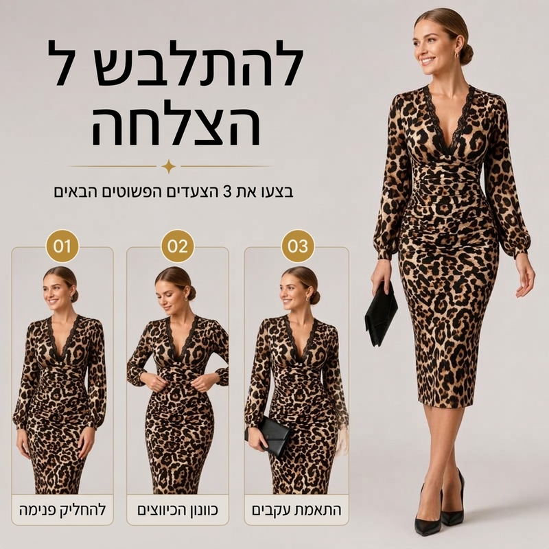 שמלת נשים בינונית עם שרוולים מעוצבים בצורת פעמון, צווארון V ותחרה להדפסת נמר