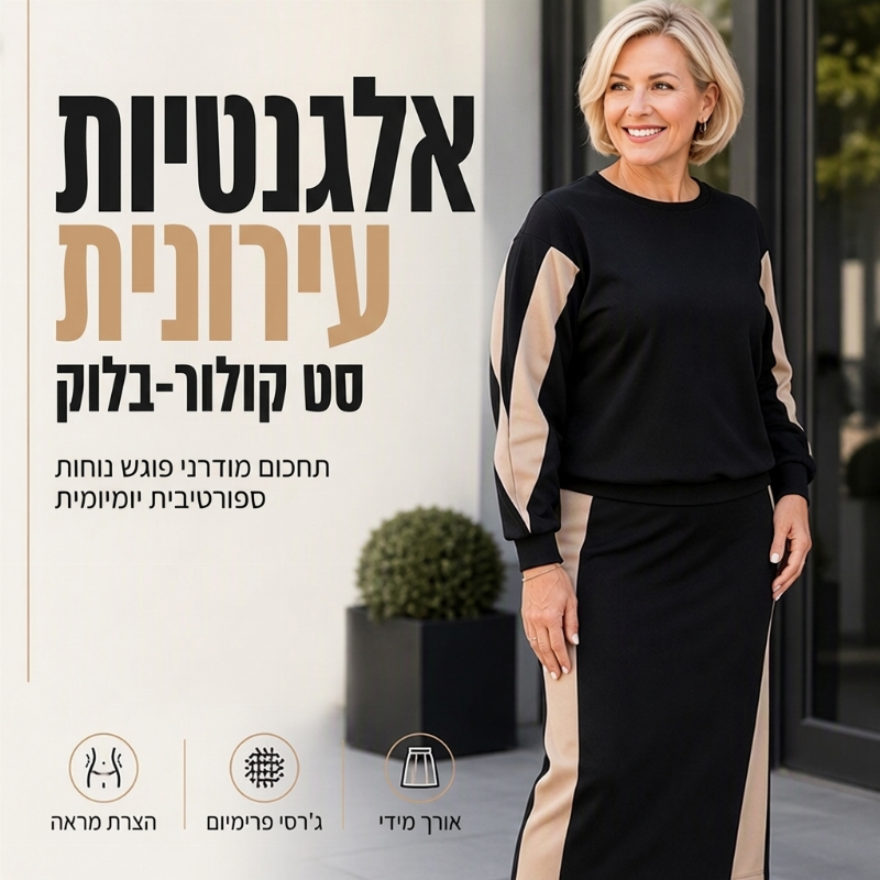 סט נשים סרוג שתי חלקים: סווטשירט וחצאית מידי