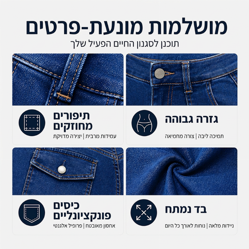 ג'ינס נוחות בעל מתיחה ובמותן גבוהה לנשים