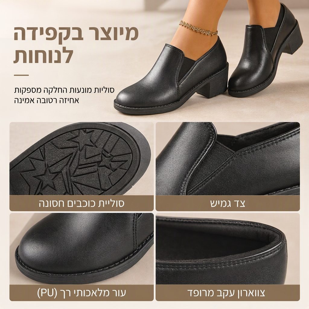נעלי פומפ לנשים בסגנון בריטי רטרו, החלקה על העקב, עקב בלוק אמצעי, מידות גדולות, עקב עבה, נעלים נמוכות