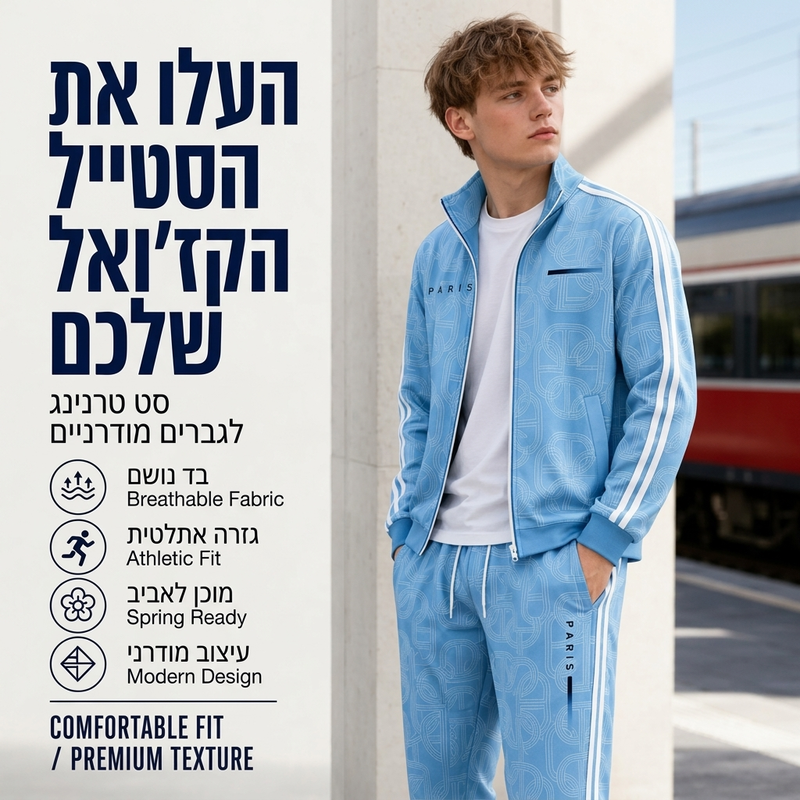 סט ז'קט וחתלתולים לגברים עם הדפס גיאומטרי ורוכסן מלא