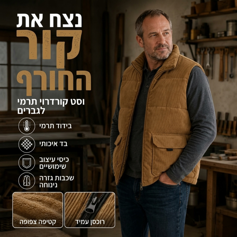 אפוד מרופד מגושד קטיפה מחוזק לגברים