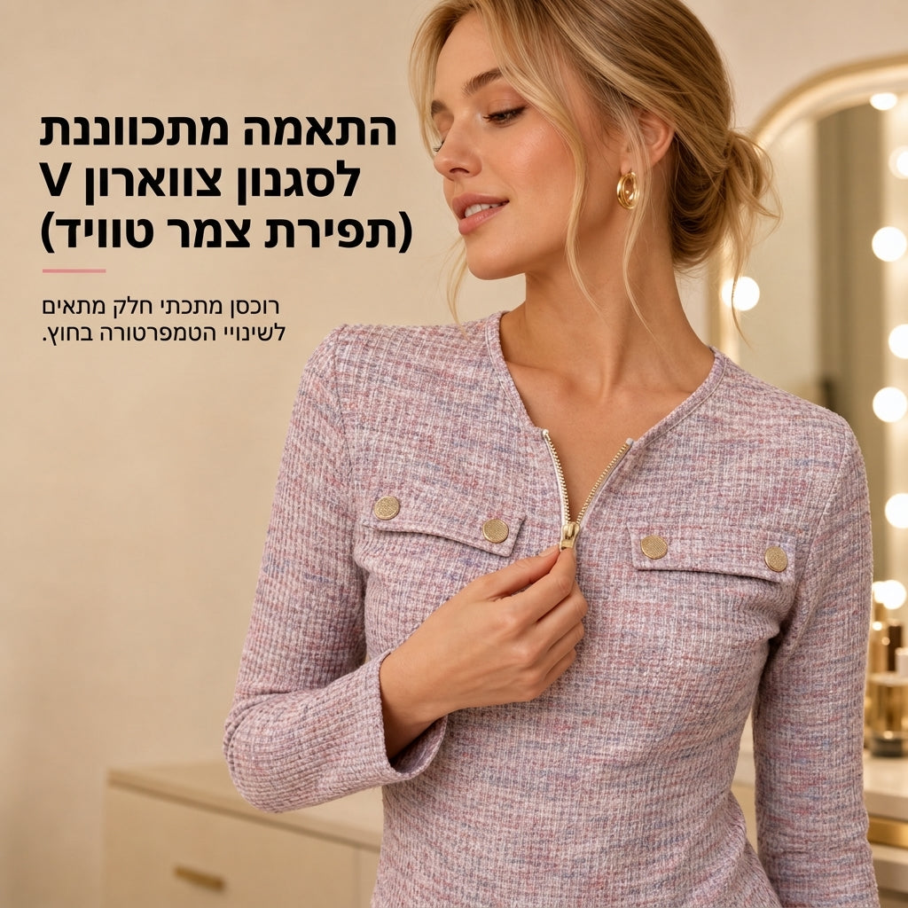 חולצת סריג נשים עם שרוולים ארוכים, צוואר V וחצי רוכסן