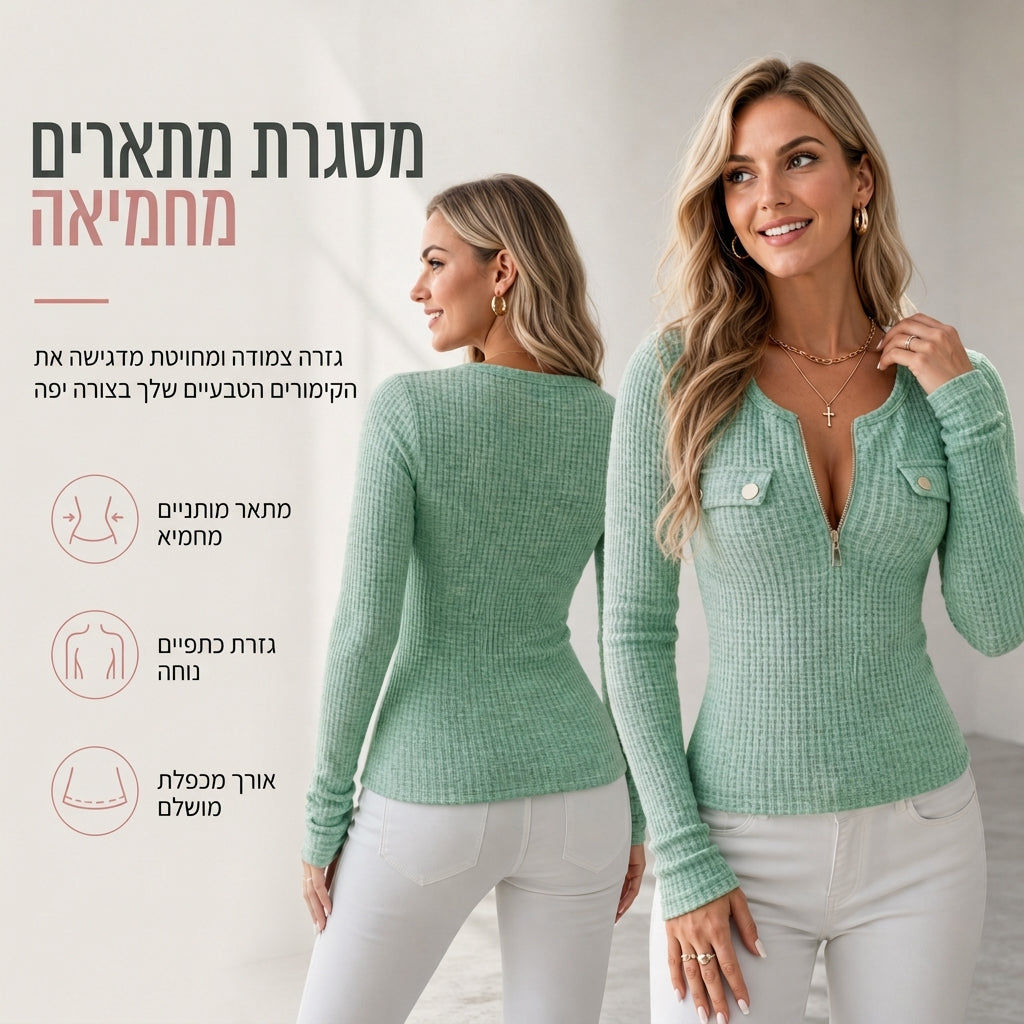 חולצת סריג נשים עם שרוולים ארוכים, צוואר V וחצי רוכסן