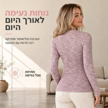 חולצת סריג נשים עם שרוולים ארוכים, צוואר V וחצי רוכסן