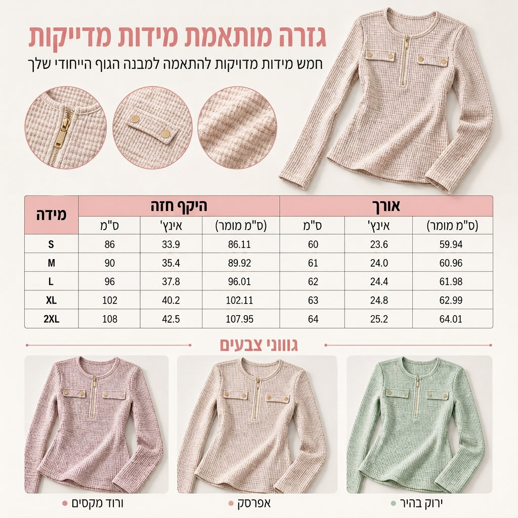 חולצת סריג נשים עם שרוולים ארוכים, צוואר V וחצי רוכסן