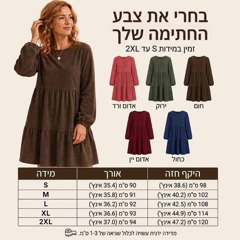 שמלת קורדרוי נשים וינטג' עם שרוולים ארוכים