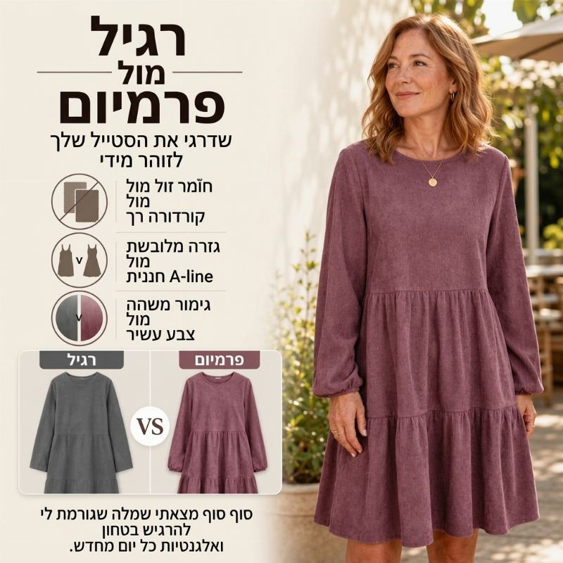 שמלת קורדרוי נשים וינטג' עם שרוולים ארוכים