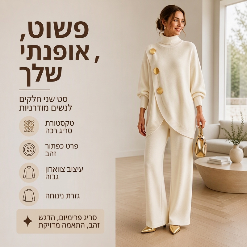 סט אלגנטי לנשים: סוודר צווארון צמר ומכנסיים רחבים