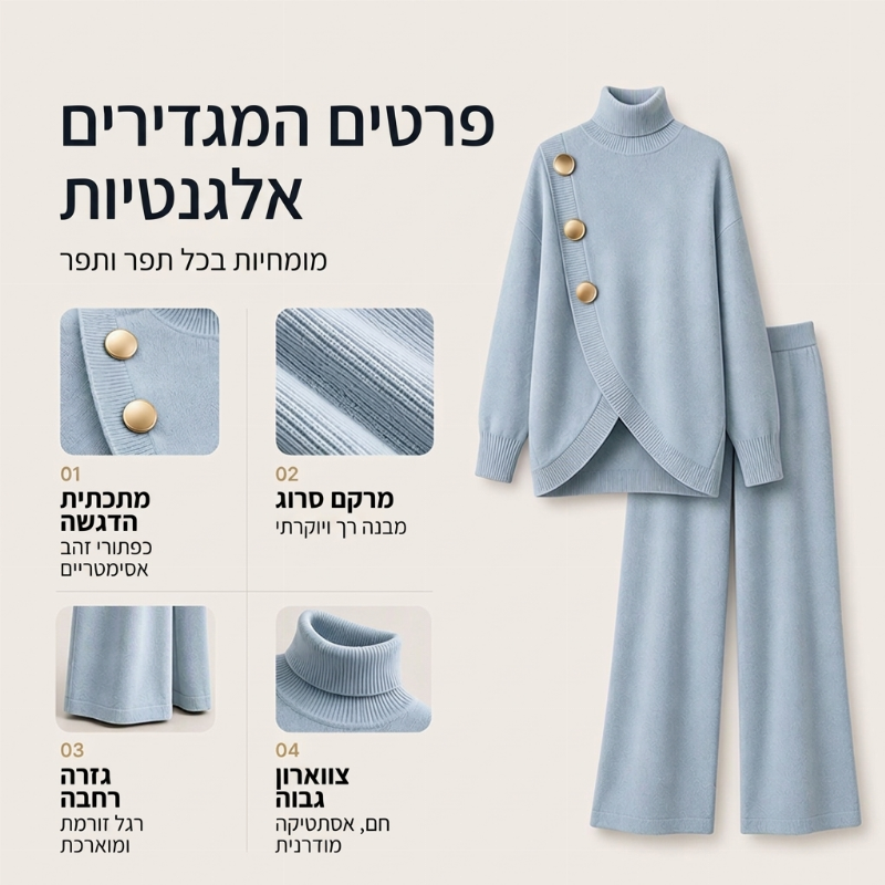 סט אלגנטי לנשים: סוודר צווארון צמר ומכנסיים רחבים