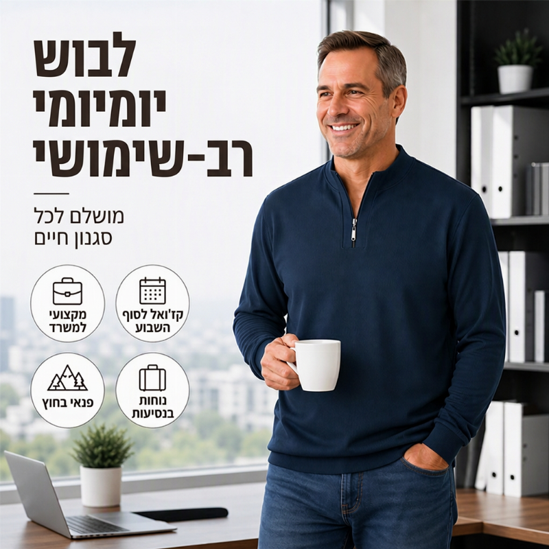 סווטשירט גברים חצי רוכסן מרופד חם עם מרקם צלעות