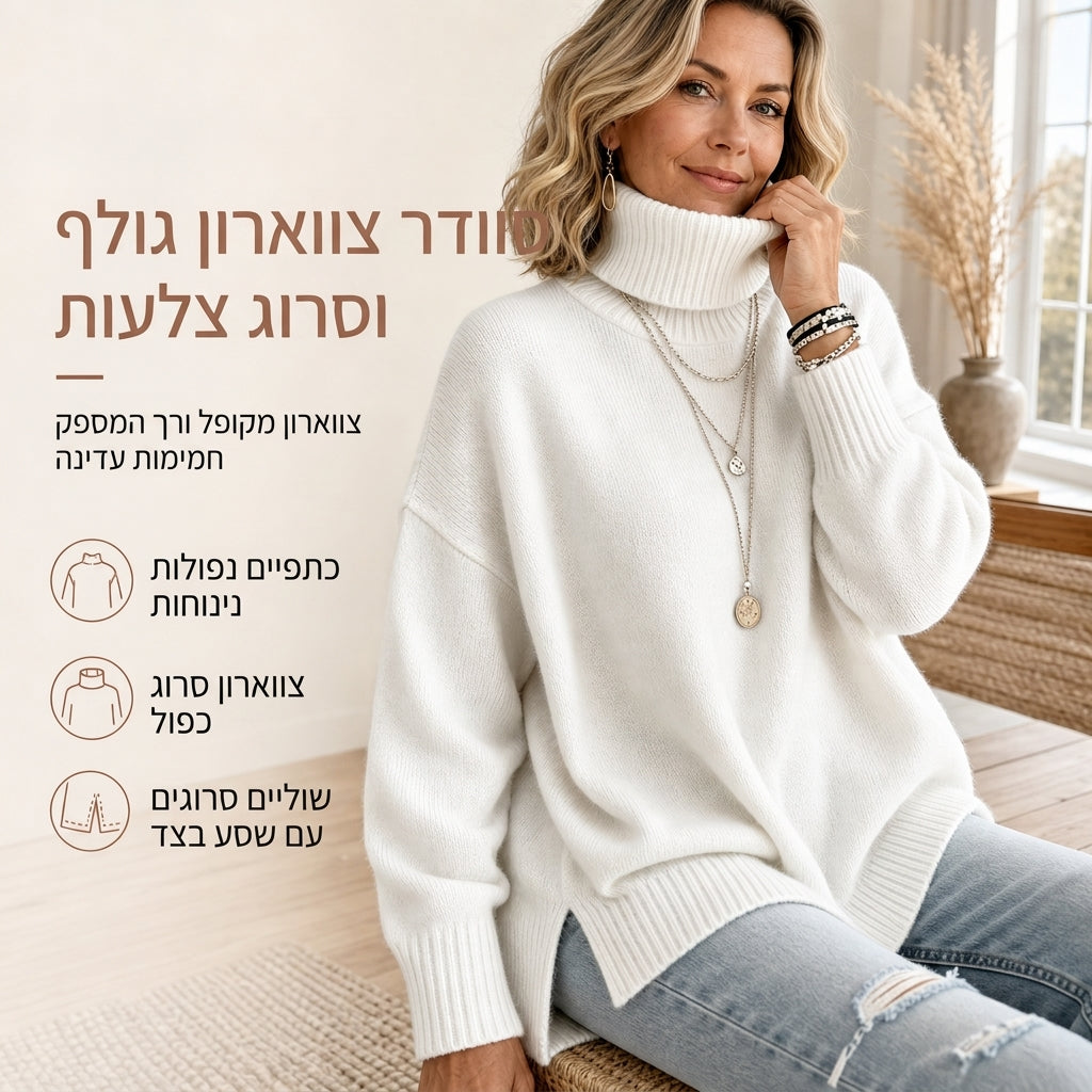 סוודר צווארון גולף סרוג לנשים בגיזרה רחבה