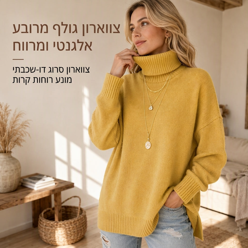 סוודר צווארון גולף סרוג לנשים בגיזרה רחבה