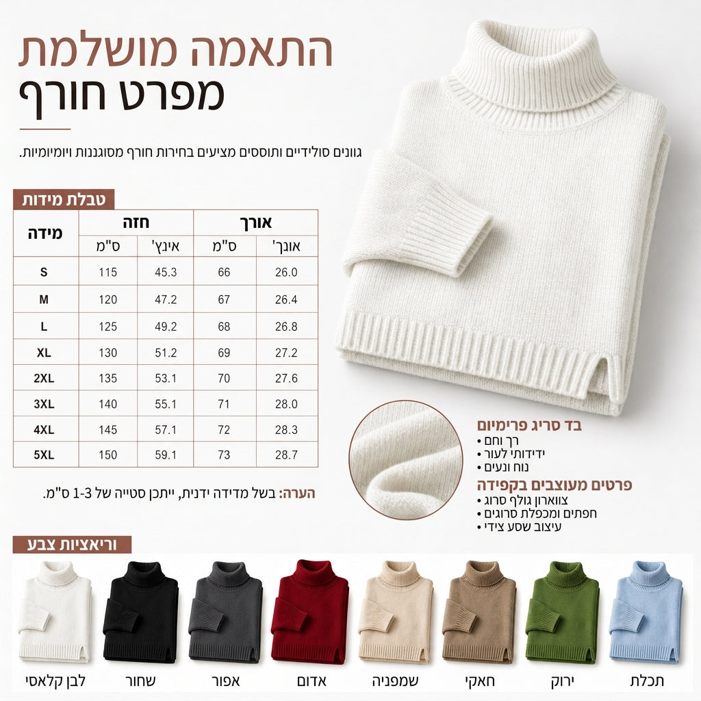 סוודר צווארון גולף סרוג לנשים בגיזרה רחבה