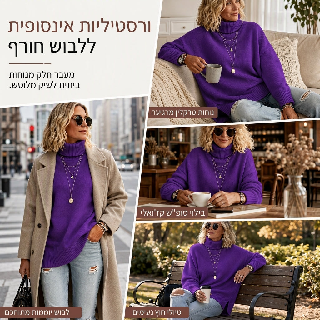 סוודר צווארון גולף סרוג לנשים בגיזרה רחבה