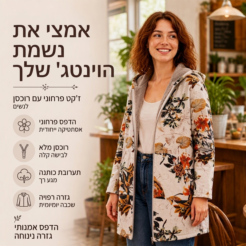 מעיל נשים עם ברדס בהדפס עלים בסגנון וינטג'
