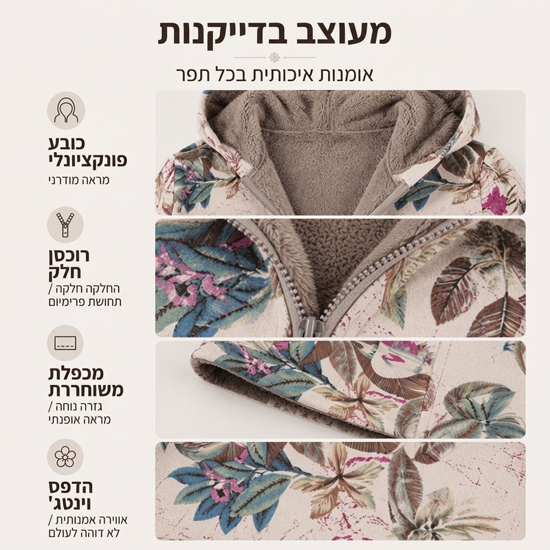 מעיל נשים עם ברדס בהדפס עלים בסגנון וינטג'