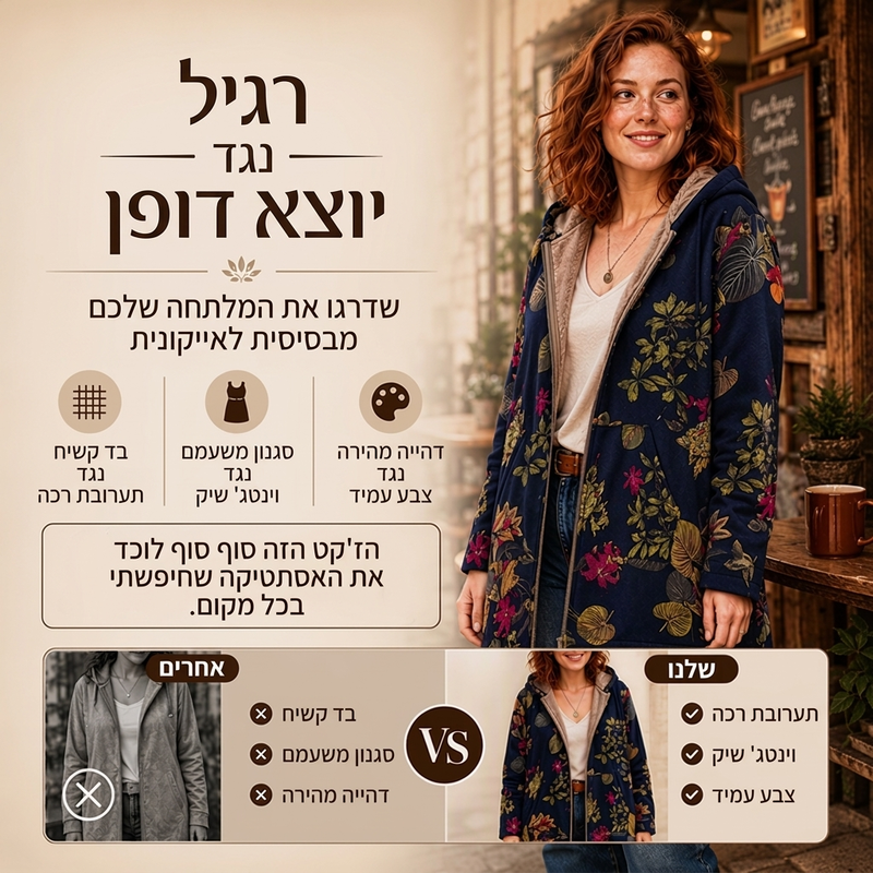 מעיל נשים עם ברדס בהדפס עלים בסגנון וינטג'