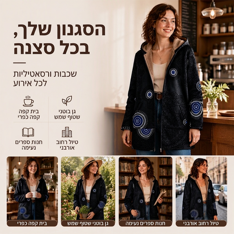 מעיל נשים עם ברדס בהדפס עלים בסגנון וינטג'