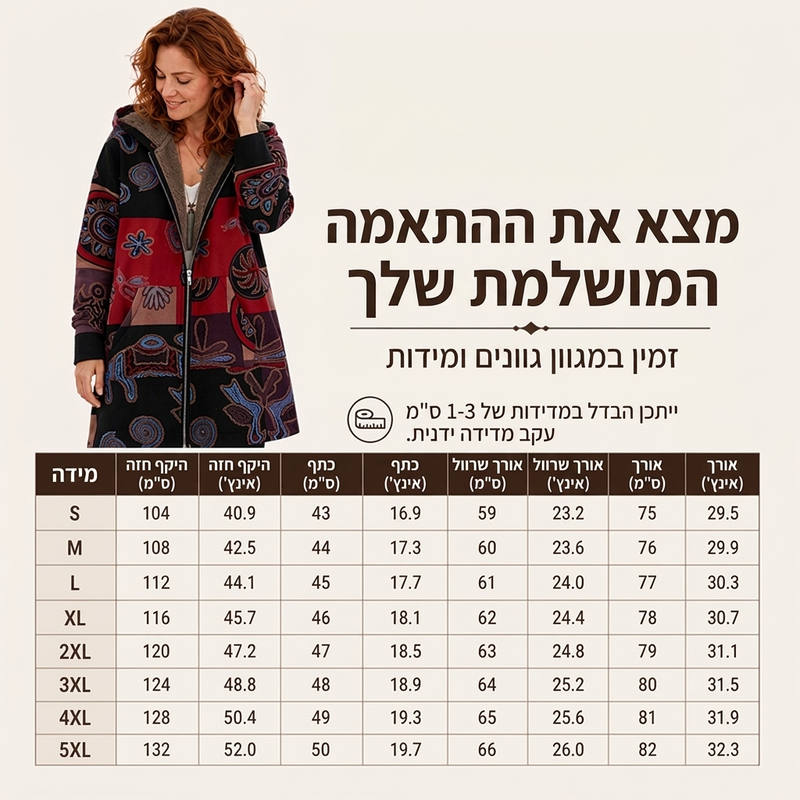 מעיל נשים עם ברדס בהדפס עלים בסגנון וינטג'