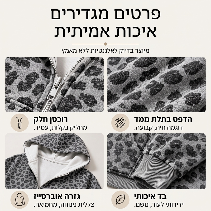 סווטשירט נשים עם הדפס נמר ורוכסן
