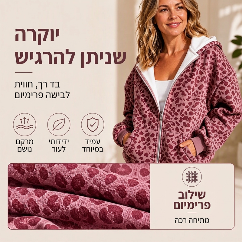 סווטשירט נשים עם הדפס נמר ורוכסן