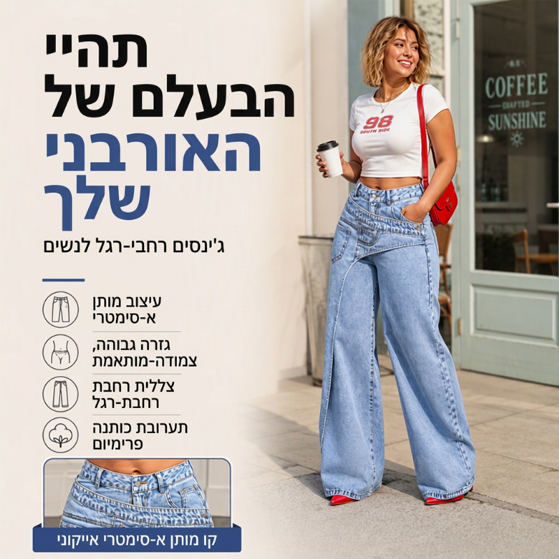 ג'ינס אופנתי לנשים, עם רוחב ובגזרה א-סימטרית
