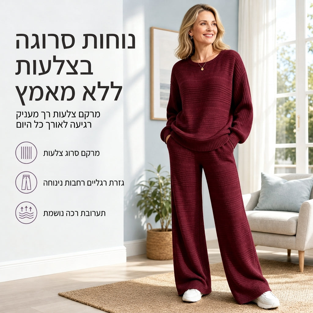 סט של שני פריטים לנשים, מסרוג מצולע, לעונת הסתיו-חורף, חולצה שרוול ארוז בנוחות ומכנסיים בגזרה רחבה