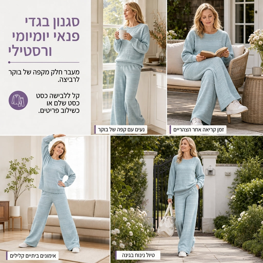 סט של שני פריטים לנשים, מסרוג מצולע, לעונת הסתיו-חורף, חולצה שרוול ארוז בנוחות ומכנסיים בגזרה רחבה
