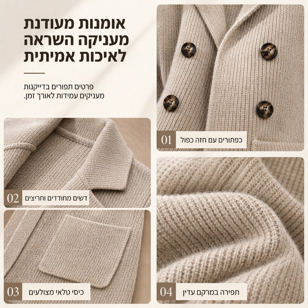 קרדיגן סריג צמוד לנשים עם כיסים וצווארון מעוצב