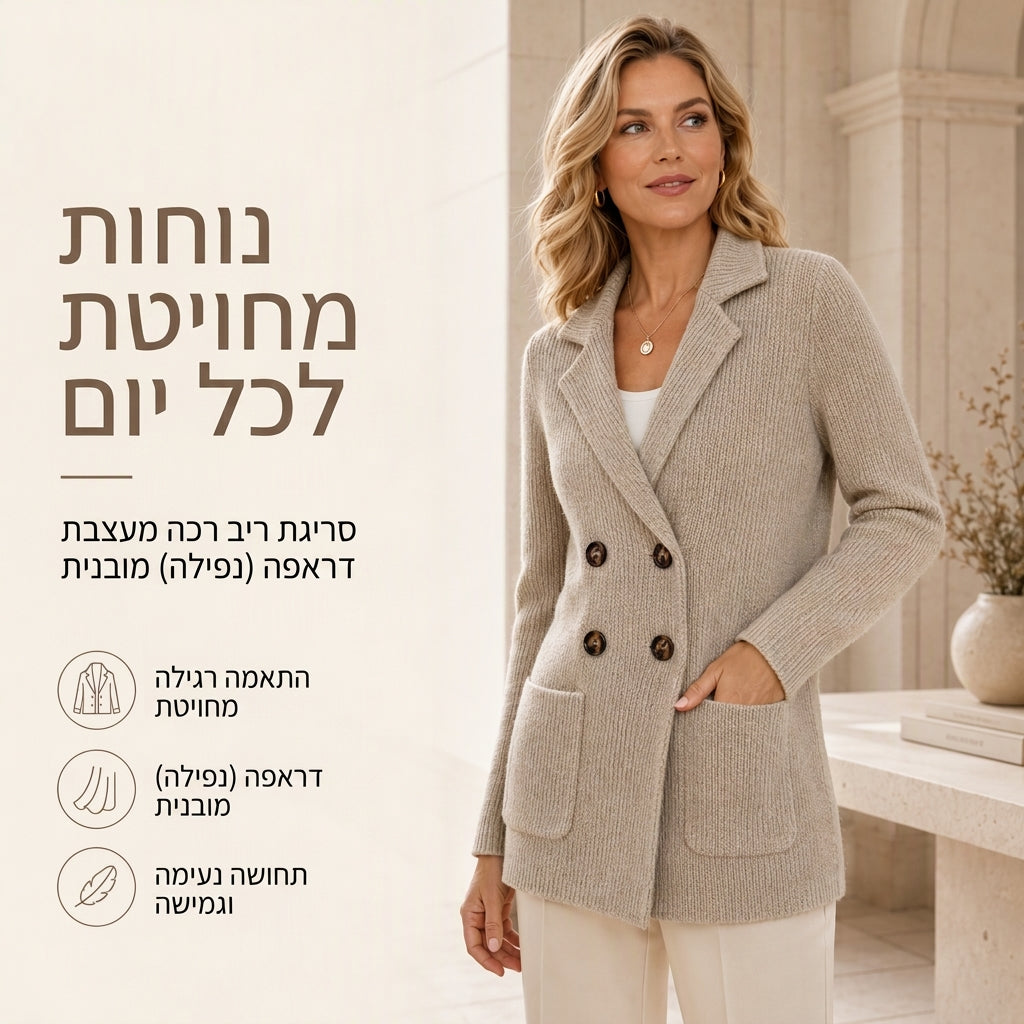 קרדיגן סריג צמוד לנשים עם כיסים וצווארון מעוצב