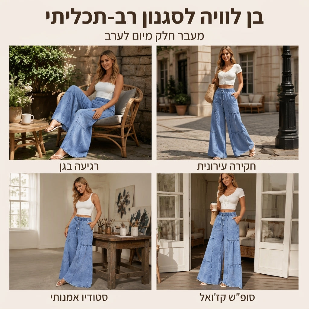 מכנסי ג'יאן רחבי-מותן ונמוכי-כתף לנשים
