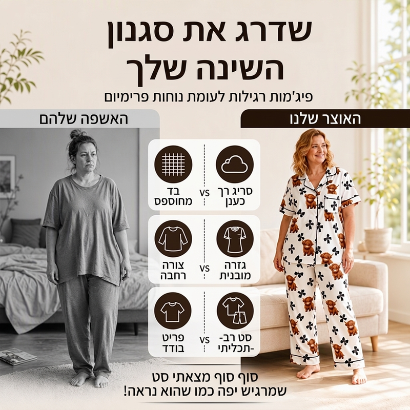 ערכת פיג'מה 3 חלקים לנשים עם הדפס פרת היילנד