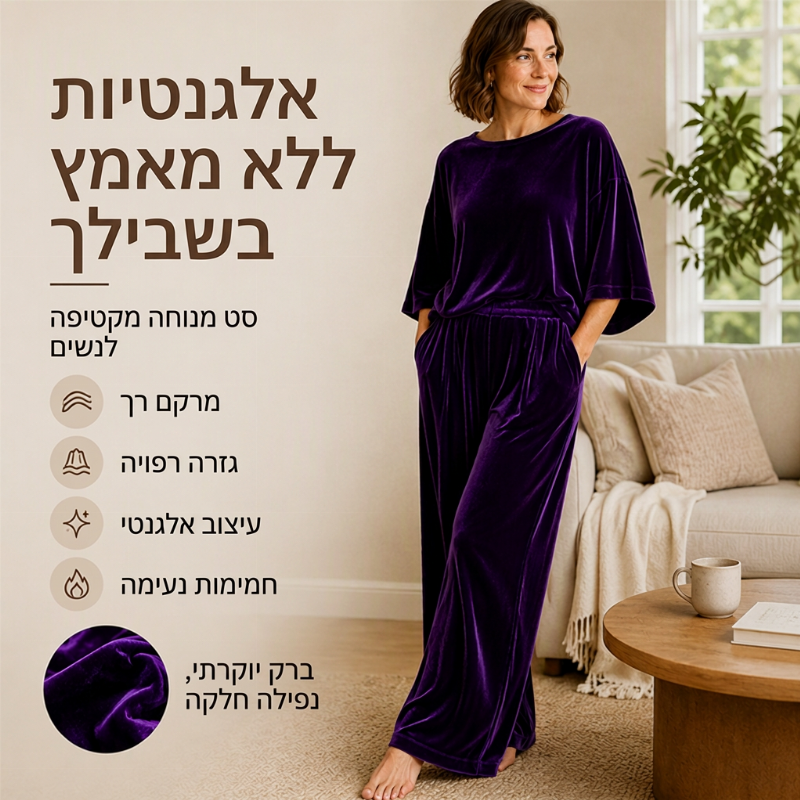 סט נשים של חולצת קטיפה עם שרוול חצי ומכנסיים רחבים