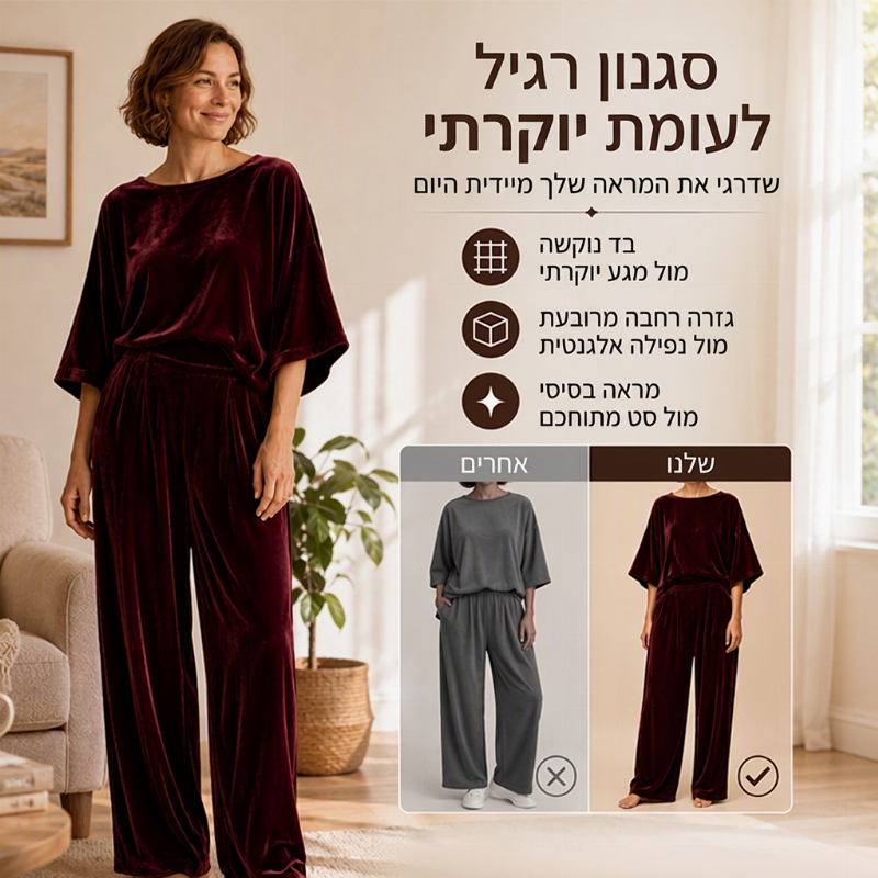 סט נשים של חולצת קטיפה עם שרוול חצי ומכנסיים רחבים