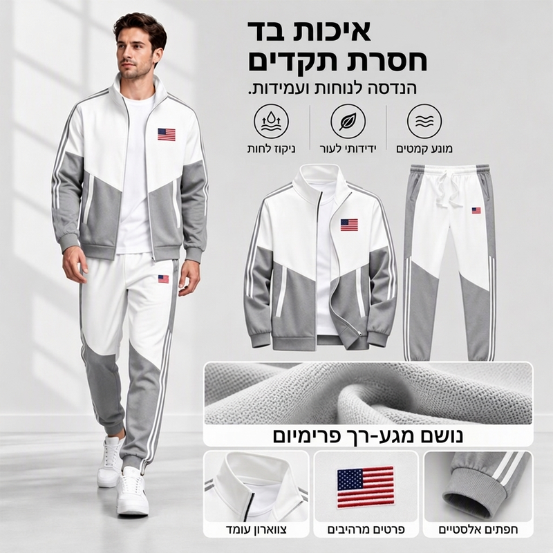 סט גברים עם ז'קט צמוד צבעים עם רוכסן ומכנסיים עם חוט משיכה